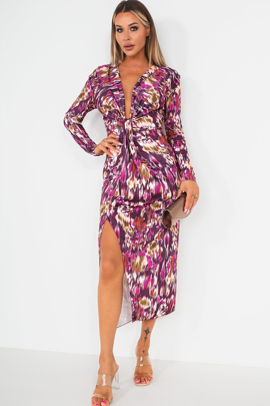 Clothing Copper Rose | Greyson Purple Printed Knot Front Midi Dress