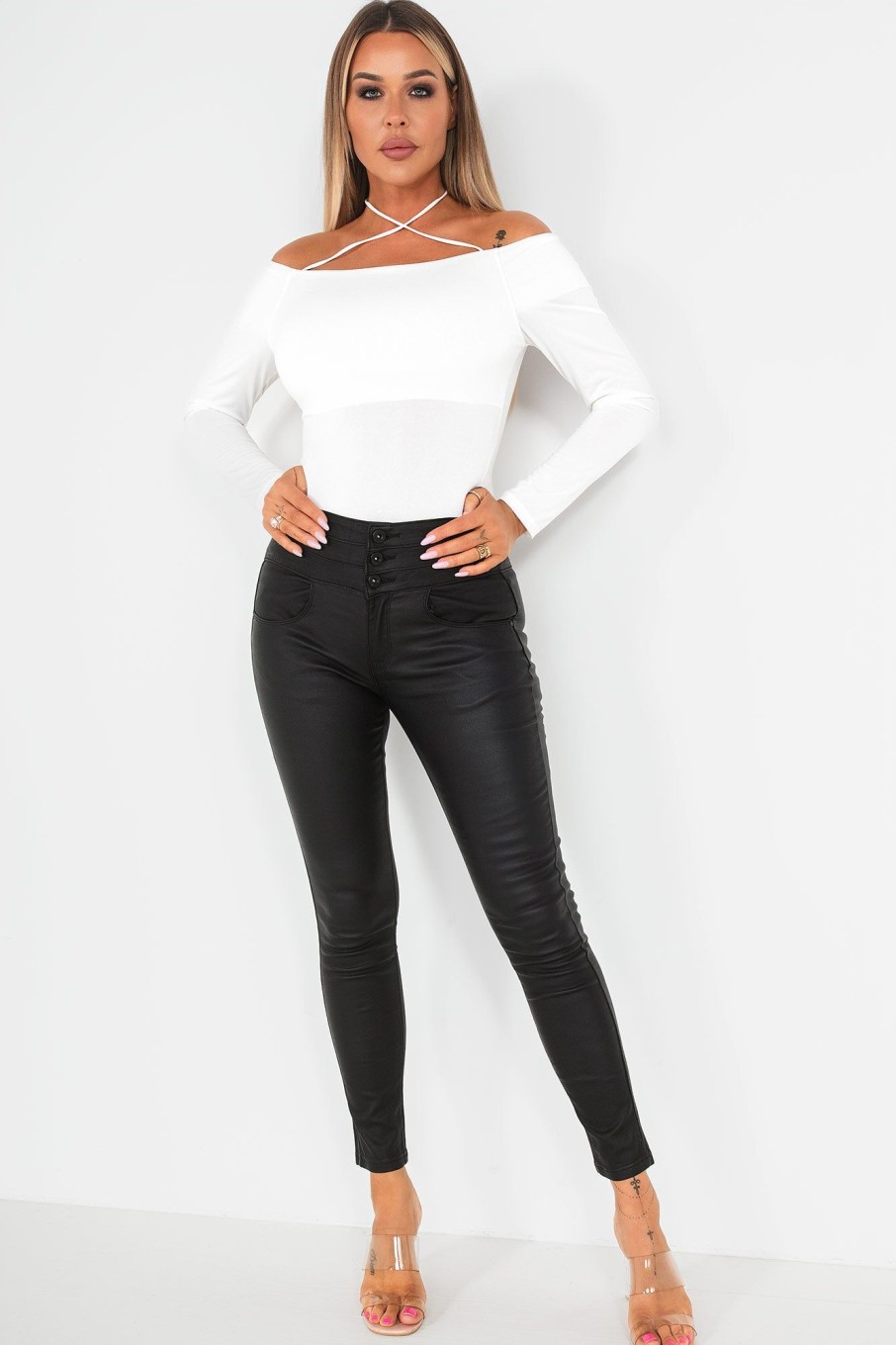 Clothing Zilene | Orlaith Black High Waist Wax Jeans