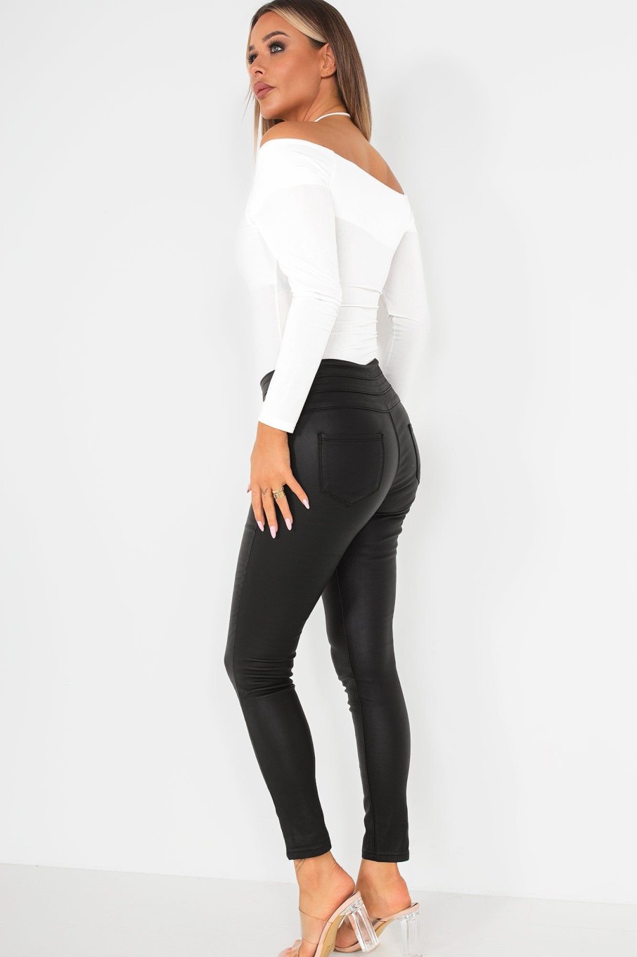 Clothing Zilene | Orlaith Black High Waist Wax Jeans