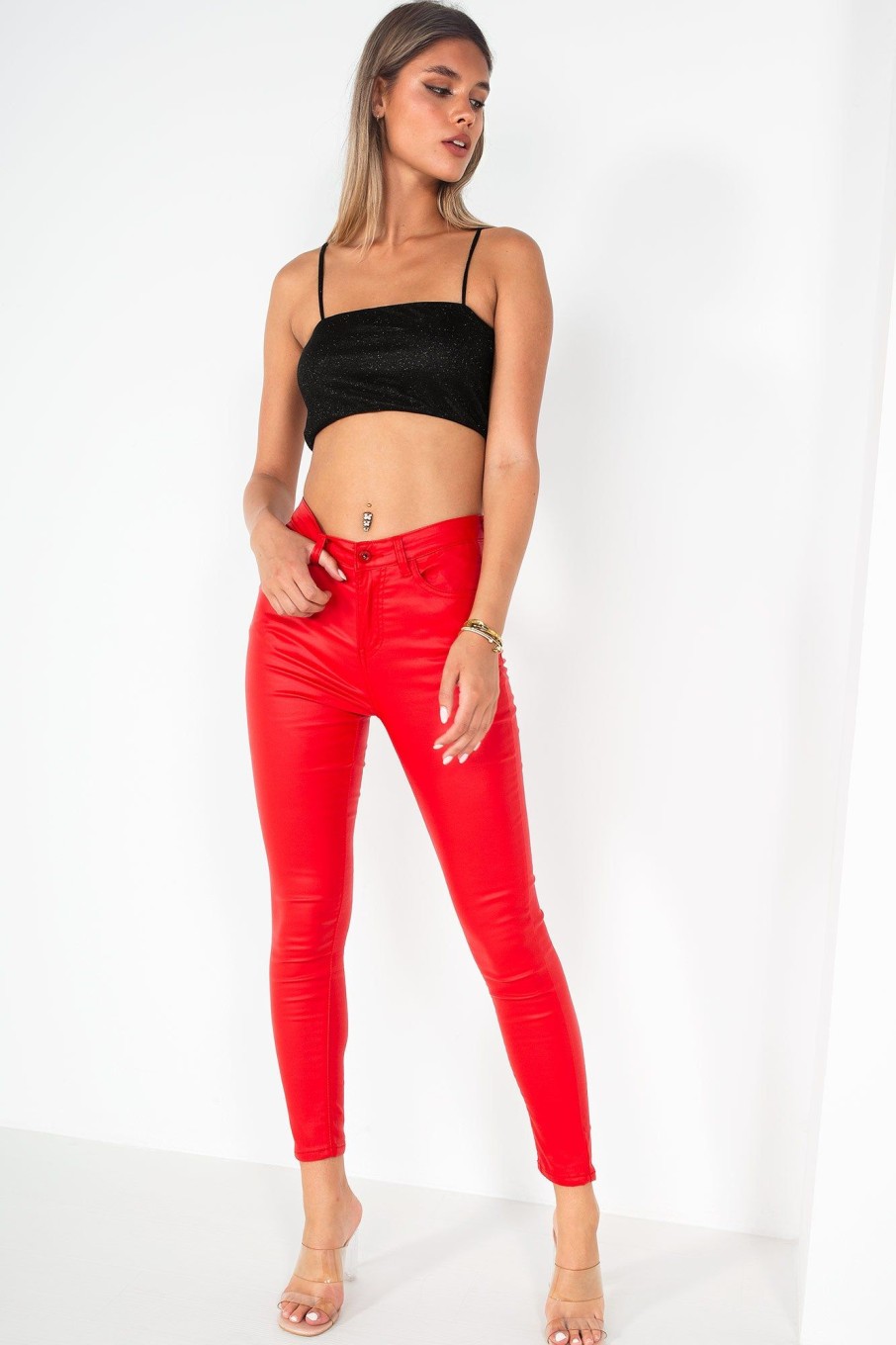 Clothing Zilene | Debbie Red Wax High Waist Jeans