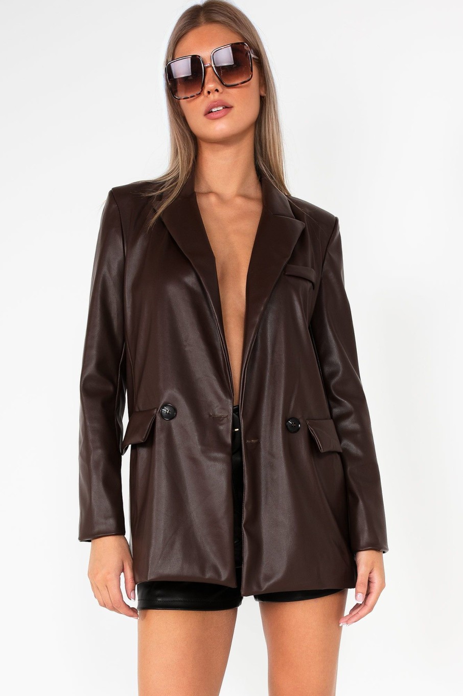 Clothing Copper Rose | Eva Chocolate Faux Leather Blazer