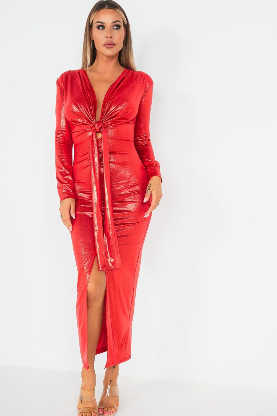 Clothing Copper Rose | Juliette Red Metallic Tie Front Dress