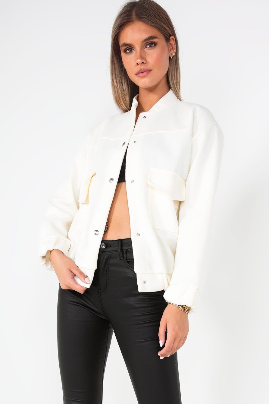 Clothing Willy Z | Hallie Cream Wool Look Bomber Jacket