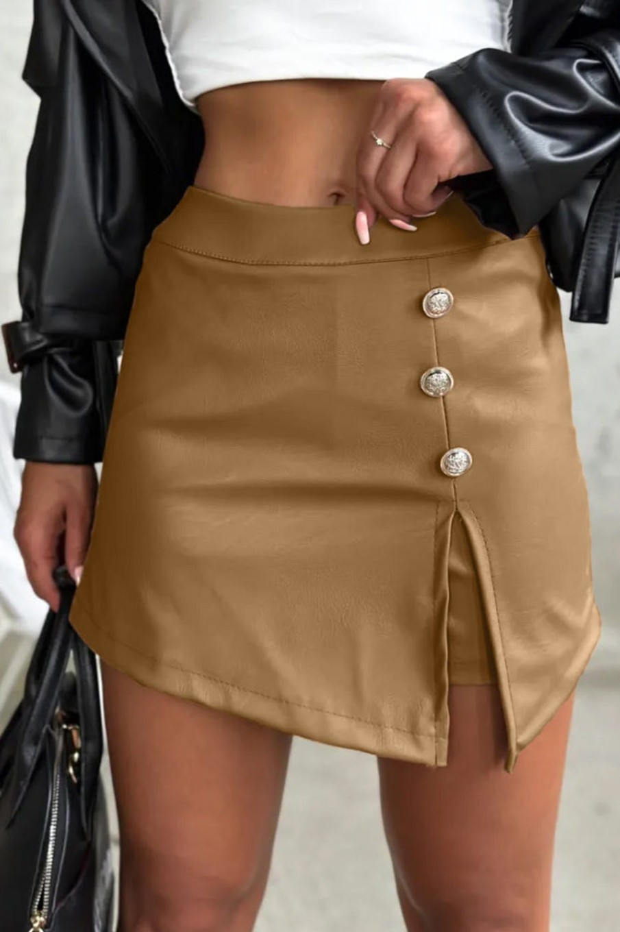 Clothing Willy Z | Arlie Camel Faux Leather Skort