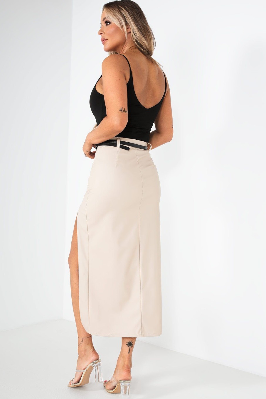 Clothing Willy Z | Rexi Cream Faux Leather Midi Skirt