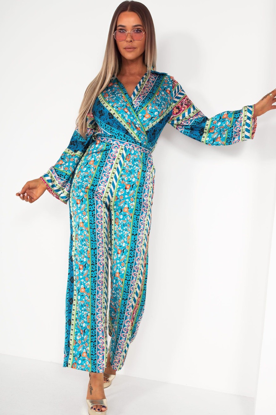 Clothing Copper Rose | Shelley Blue Satin Printed Jumpsuit