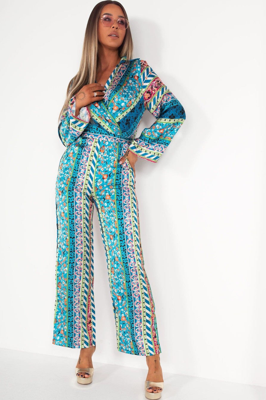 Clothing Copper Rose | Shelley Blue Satin Printed Jumpsuit