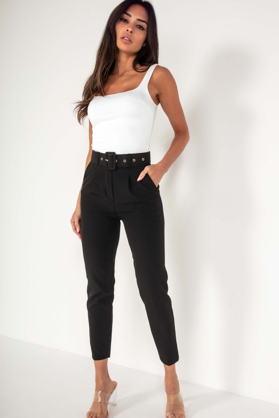 Clothing LustStyle | Brinley Black Belted Cigarette Trousers