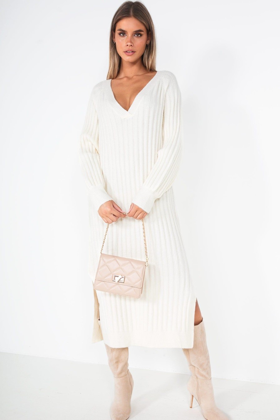 Clothing Copper Rose | Phyllis Cream Knit Ribbed Dress