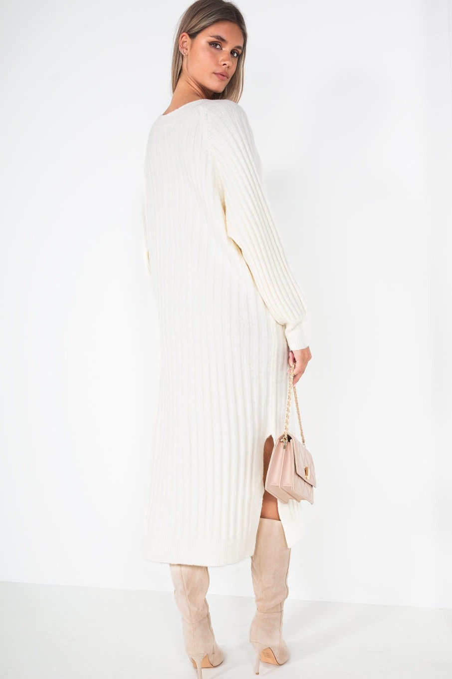 Clothing Copper Rose | Phyllis Cream Knit Ribbed Dress