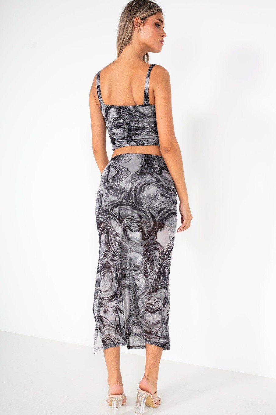 Clothing Vera u0026 Lucy | Reena Black And Grey Mesh Print Skirt