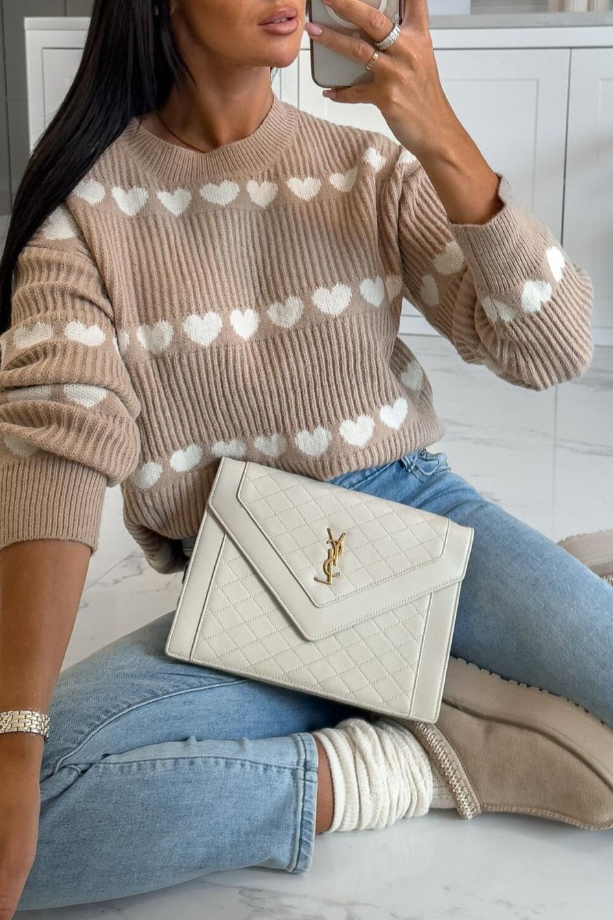 Clothing Estee Brown | Ondrea Taupe Heart Knit Jumper