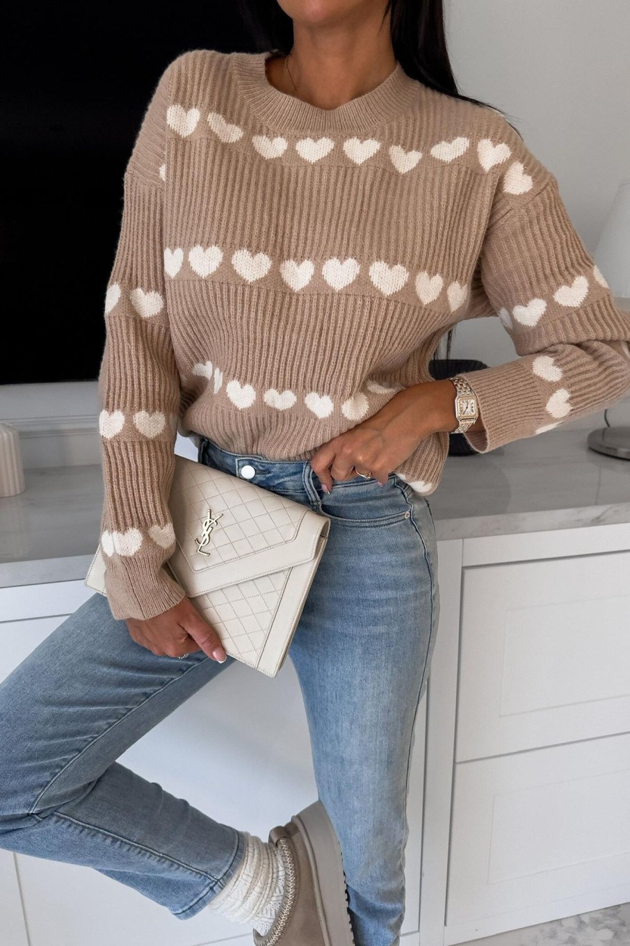 Clothing Estee Brown | Ondrea Taupe Heart Knit Jumper