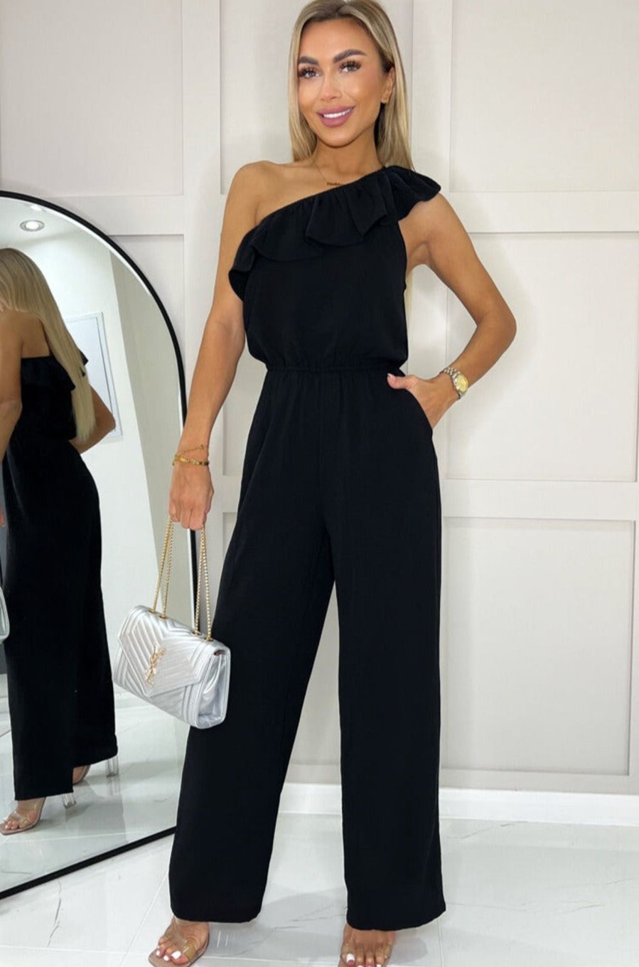 Clothing AX Paris | Ax Paris Hilary Black One Shoulder Jumpsuit